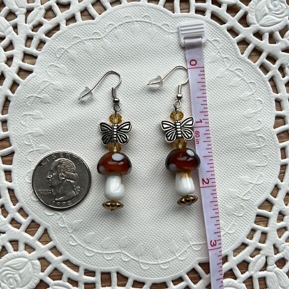 Butterfly Mushroom Earrings, Cottagecore, Dangle, Glass, Gold, Silver - Picture 9 of 11